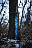 Mystical Sword Embedded in Tree Trunk photo