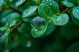 Water droplet on a vibrant green leaf photo