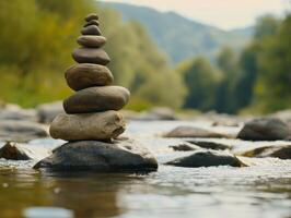 Zen stones stacked in a tranquil river setting photo
