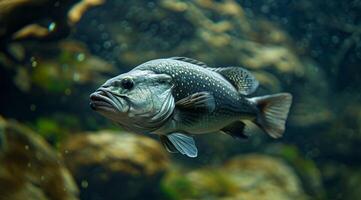 Underwater view of a single fish swimming in the ocean photo