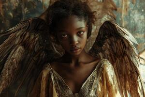 Mystical angelic figure with golden wings photo