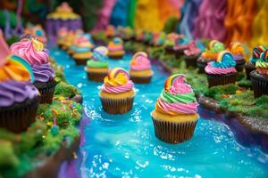 Colorful cupcakes with vibrant icing on a festive background photo