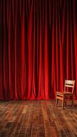 Empty wooden chair on stage with red curtains photo