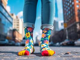 Colorful socks on urban background photo