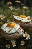 Sunny Side Up Eggs on Wild Mushrooms in a Meadow photo