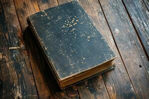 Old book on a wooden table photo