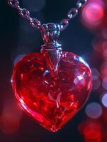 Close up of a sparkling red heart shaped pendant against a bokeh background photo