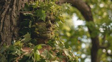 Moss covered face sculpture blended with tree and leaves photo