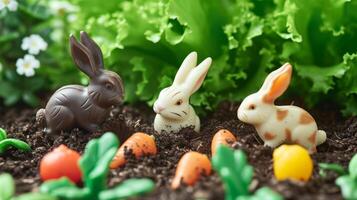 Chocolate and Toy Easter Bunnies Amongst Spring Vegetation photo