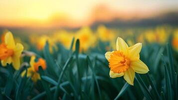 Vibrant daffodil in full bloom against a sunset backdrop photo