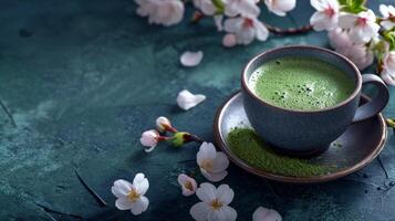 Cup of Matcha Tea with Cherry Blossoms on a Rustic Table photo