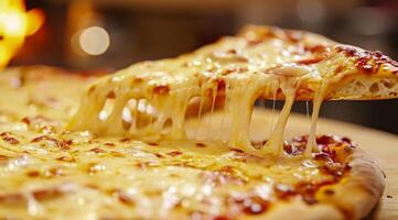 Delicious cheesy pizza slice being lifted from a whole pizza photo