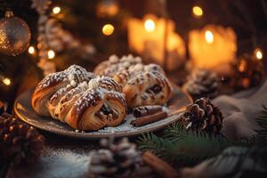 Festive Holiday Pastries on a Decorated Table photo