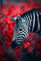 Zebra amidst vibrant red foliage photo