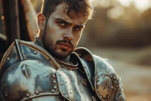 Medieval knight with armor looking determined photo
