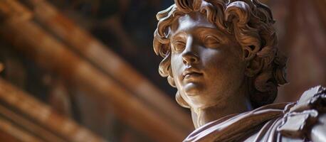 Close up of a classical sculptures face with intricate details photo