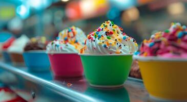 Colorful Ice Cream Cups with Sprinkles at a Fair photo