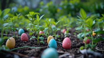 Colorful Easter eggs hidden among spring seedlings in a garden photo