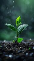 Young plant sprouting from soil with raindrops photo