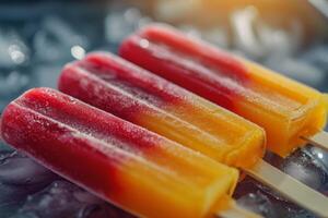 Colorful frozen fruit popsicles on ice photo