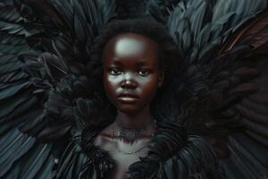 Mysterious Woman with Dark Feathered Wings photo