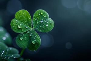 Fresh green clover leaf with dew drops on dark background photo