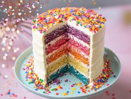 Colorful rainbow layer cake with sprinkles on a festive background photo