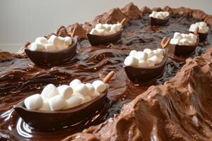 Chocolate boats with marshmallows on a river of chocolate photo