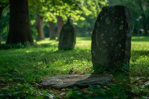 Serene Cemetery Scene with Ancient Gravestones Amidst Lush Greenery photo