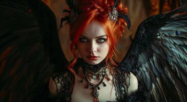 Mysterious woman with dark angel wings and fiery red hair photo
