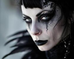 Gothic woman with dramatic makeup and dark attire photo