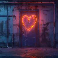 Neon Heart Sign on Industrial Door at Night photo