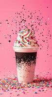 Colorful Sprinkles Falling on Whipped Cream Topped Beverage Against Pink Background photo