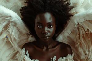 Serene Angelic Woman with Feathered Wings photo