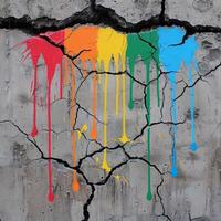 Colorful paint dripping on cracked concrete wall photo