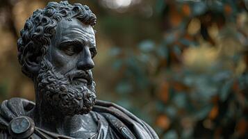 Bronze statue of a bearded historical figure in a garden setting photo