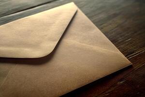 Close up of a brown envelope on a wooden surface photo