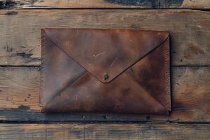 Vintage leather envelope on a wooden background photo