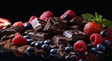 Assorted Berries and Chocolate Pieces on Dark Background photo