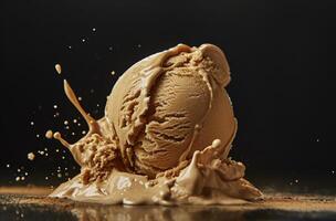 Scooped caramel ice cream with splash on dark background photo