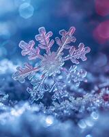 Macro Shot of a Snowflake on a Wintry Background photo