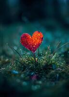 Heart shaped leaf with dew drops on grass photo