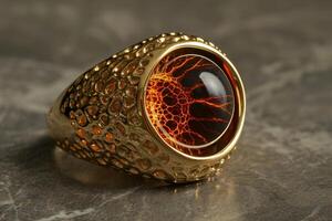 Elegant gold ring with precious stone on a textured surface photo