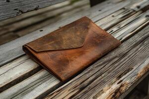 Leather wallet on wooden bench photo