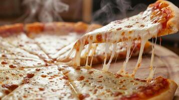 Hot cheesy pizza slice being lifted from a fresh pizza photo