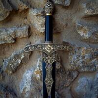 Ornate medieval sword embedded in stone photo