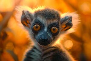 Close up of a Lemur with Intense Eyes Against a Golden Background photo