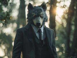 Mysterious person in a wolf mask dressed in a suit standing in the forest photo