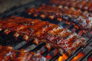 Juicy barbecued ribs cooking on a grill photo