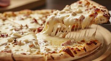 Cheesy Pizza Slice Being Lifted from Whole Pizza photo